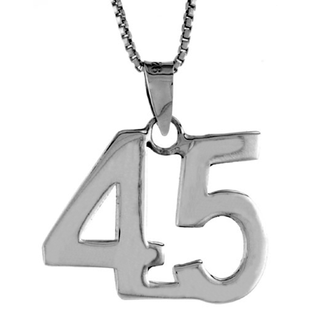 Sterling Silver Number 45 Necklace for Jersey Numbers & Recovery High Polish 3/4 inch, 2mm Curb Chain
