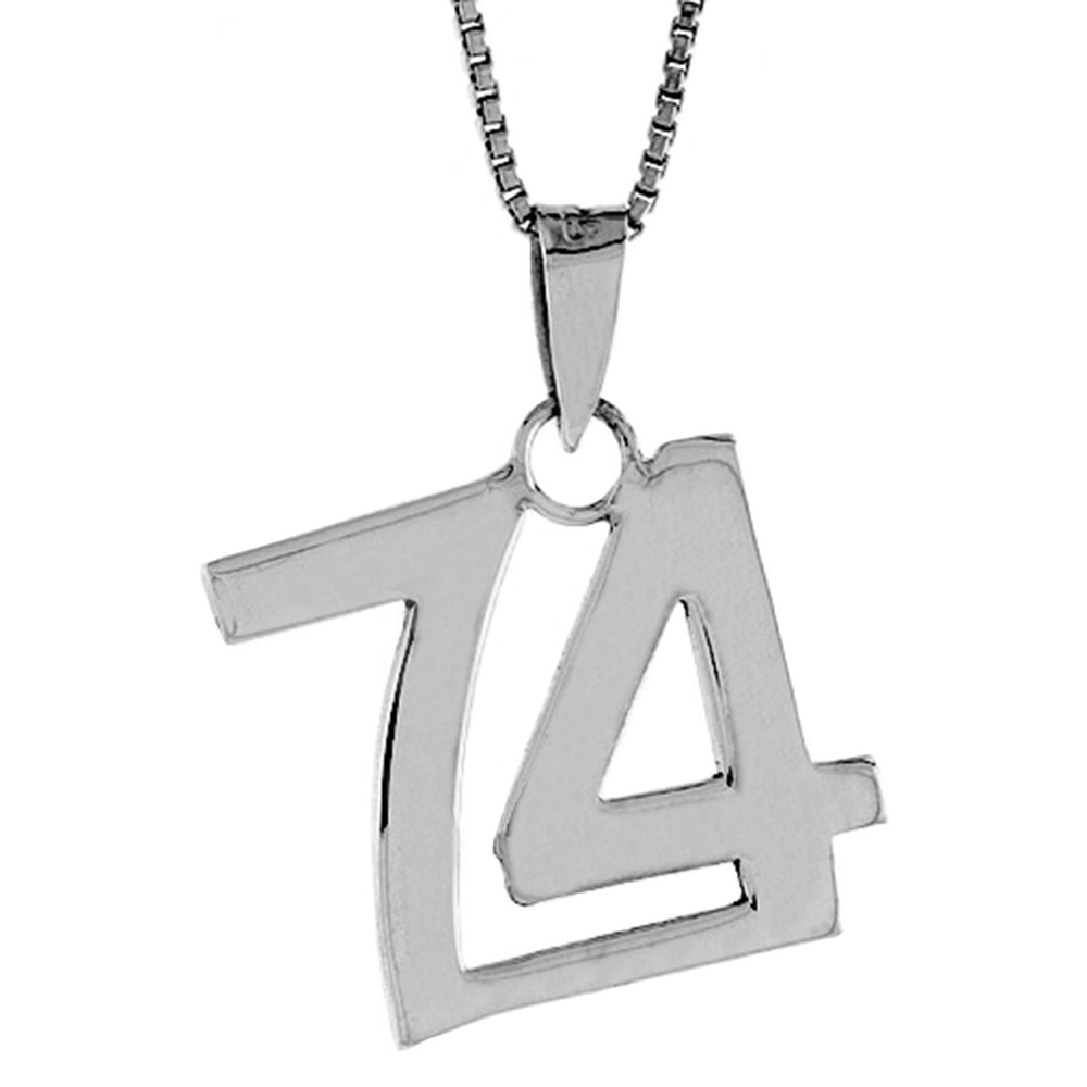 Sterling Silver Number 74 Necklace for Jersey Numbers & Recovery High Polish 3/4 inch, 2mm Curb Chain