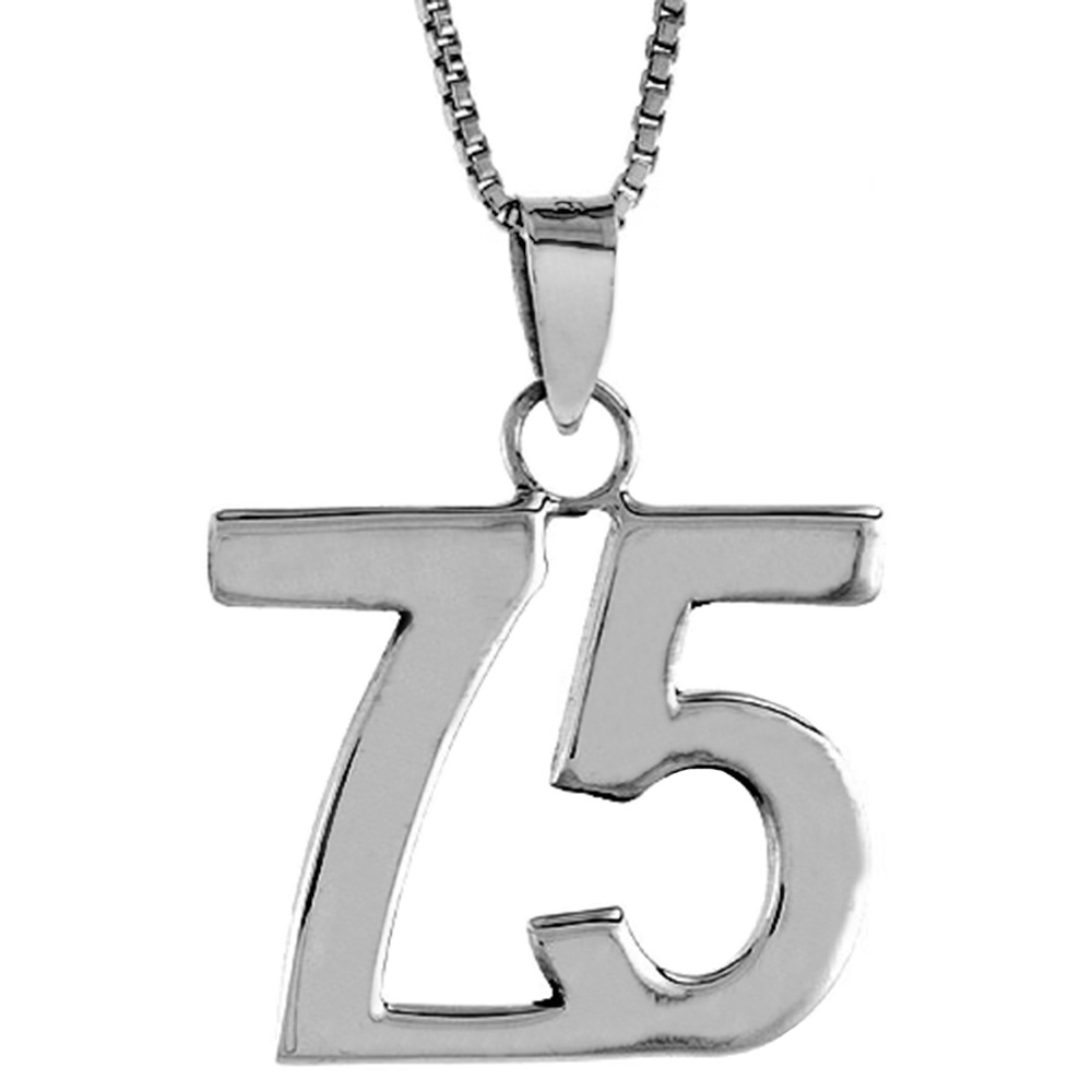 Sterling Silver Number 75 Necklace for Jersey Numbers & Recovery High Polish 3/4 inch, 2mm Curb Chain