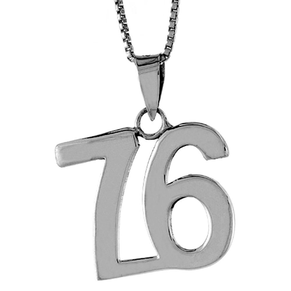 Sterling Silver Number 76 Necklace for Jersey Numbers & Recovery High Polish 3/4 inch, 2mm Curb Chain