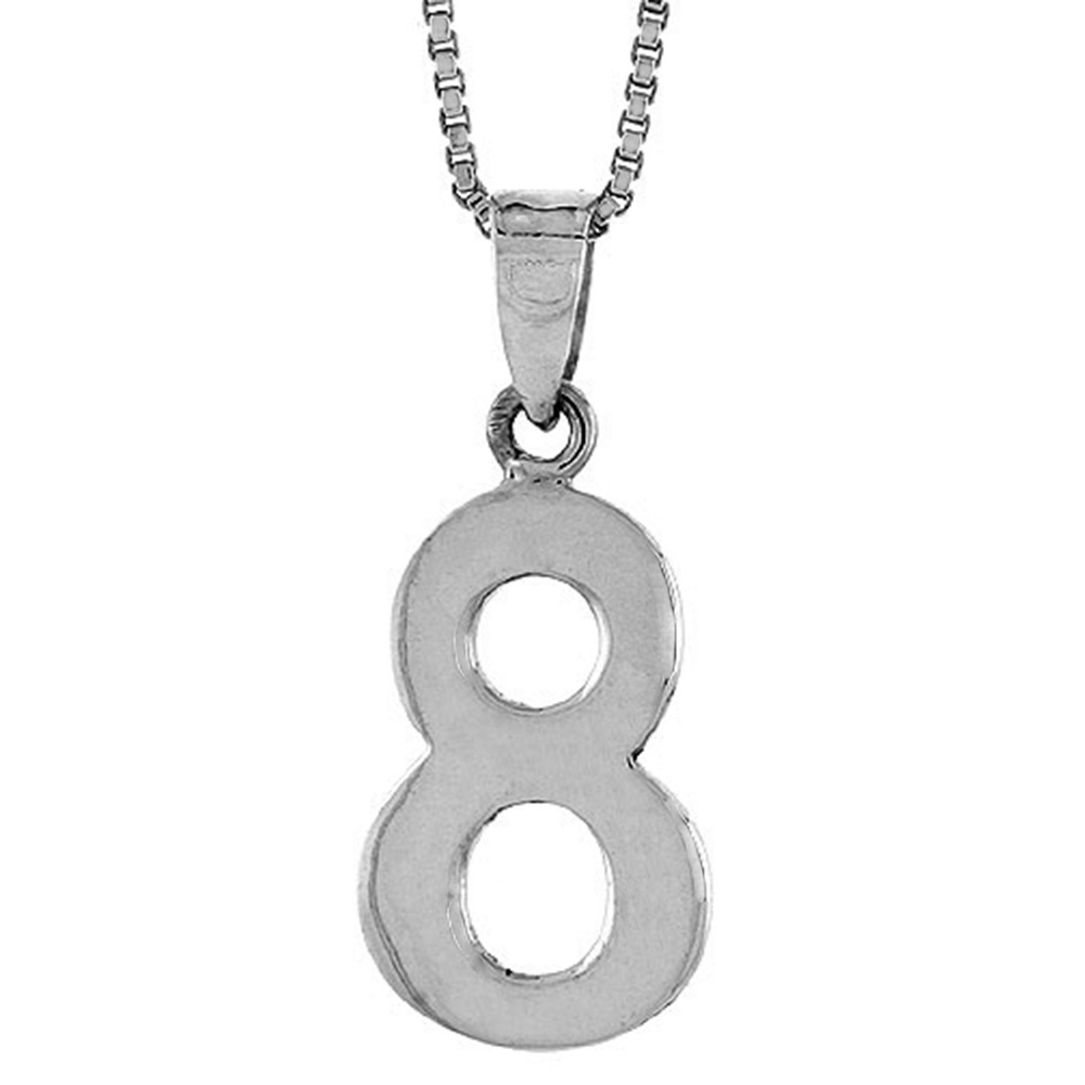 Sterling Silver Number 8 Necklace for Jersey Numbers & Recovery High Polish 3/4 inch, 2mm Curb Chain