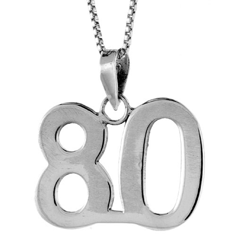 Sterling Silver Number 80 Necklace for Jersey Numbers & Recovery High Polish 3/4 inch, 2mm Curb Chain