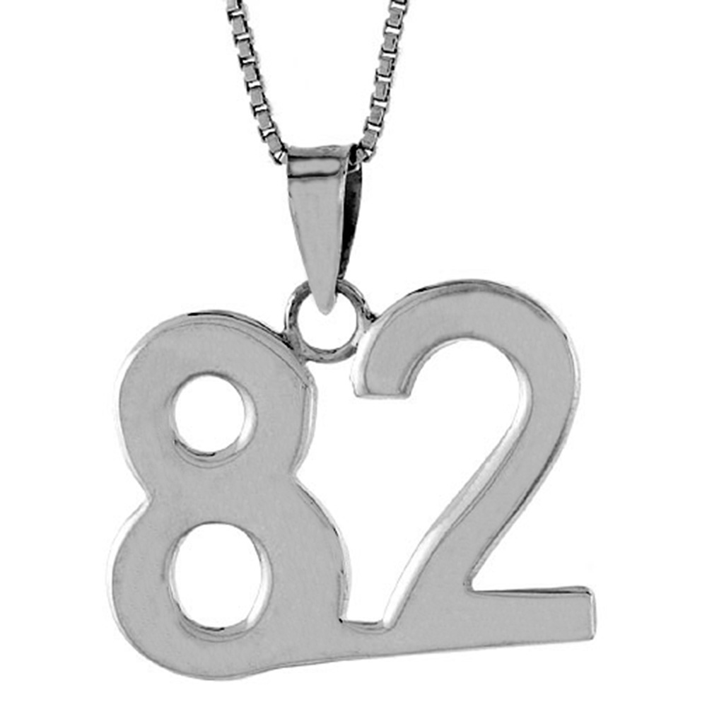 Sterling Silver Number 82 Necklace for Jersey Numbers & Recovery High Polish 3/4 inch, 2mm Curb Chain