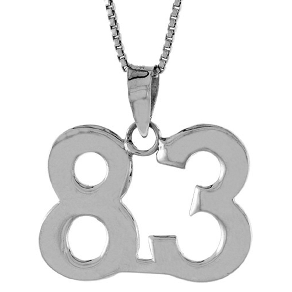 Sterling Silver Number 83 Necklace for Jersey Numbers & Recovery High Polish 3/4 inch, 2mm Curb Chain