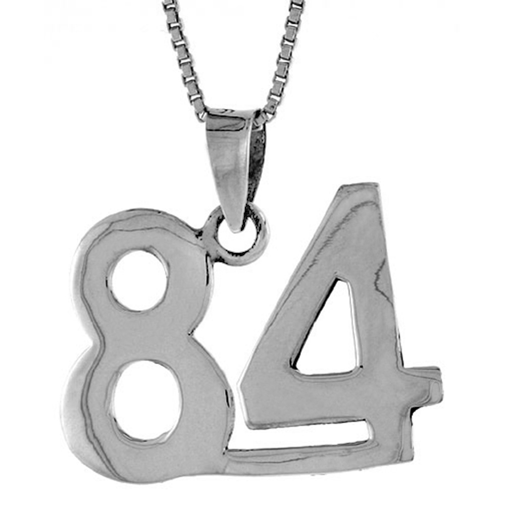 Sterling Silver Number 84 Necklace for Jersey Numbers & Recovery High Polish 3/4 inch, 2mm Curb Chain