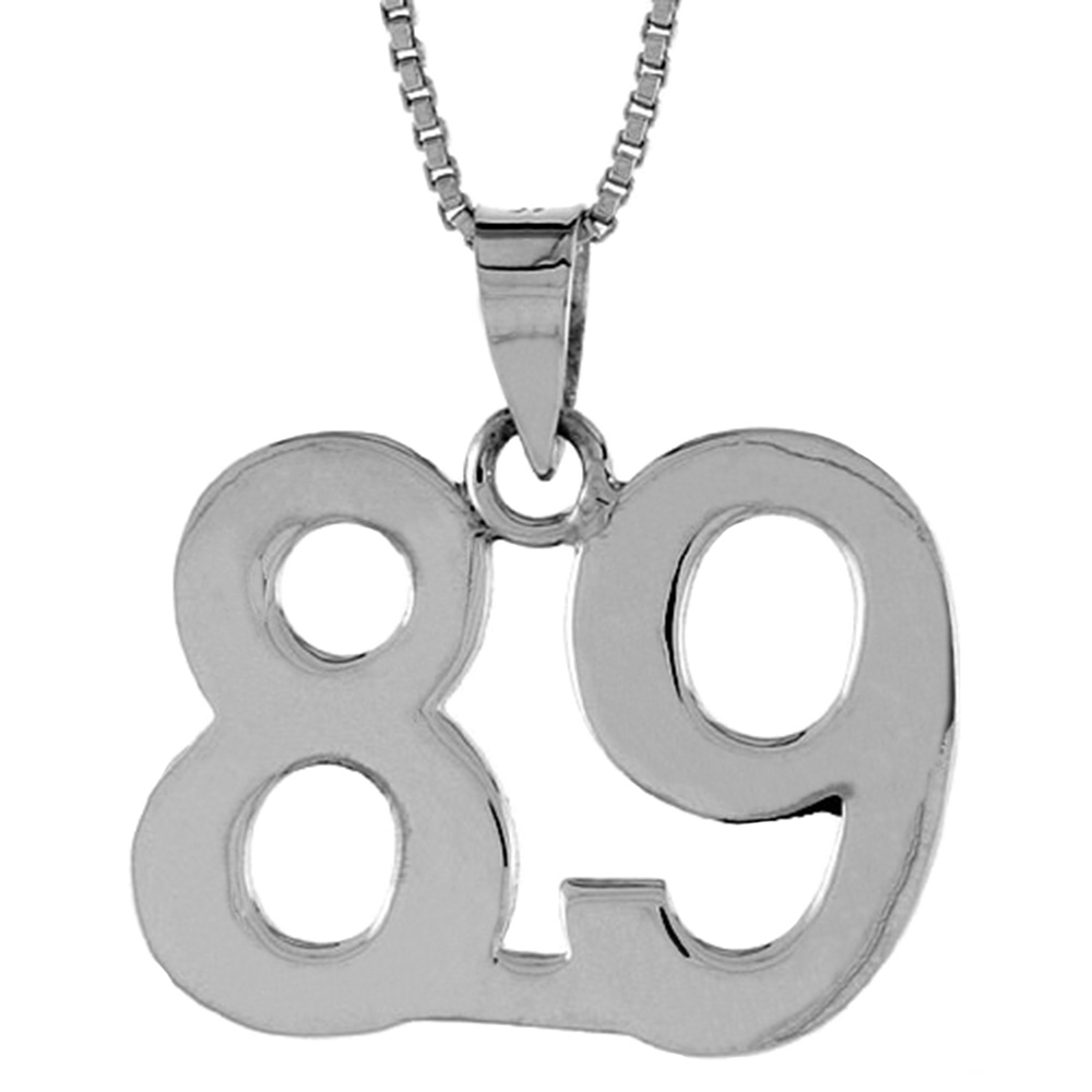 Sterling Silver Number 89 Necklace for Jersey Numbers & Recovery High Polish 3/4 inch, 2mm Curb Chain