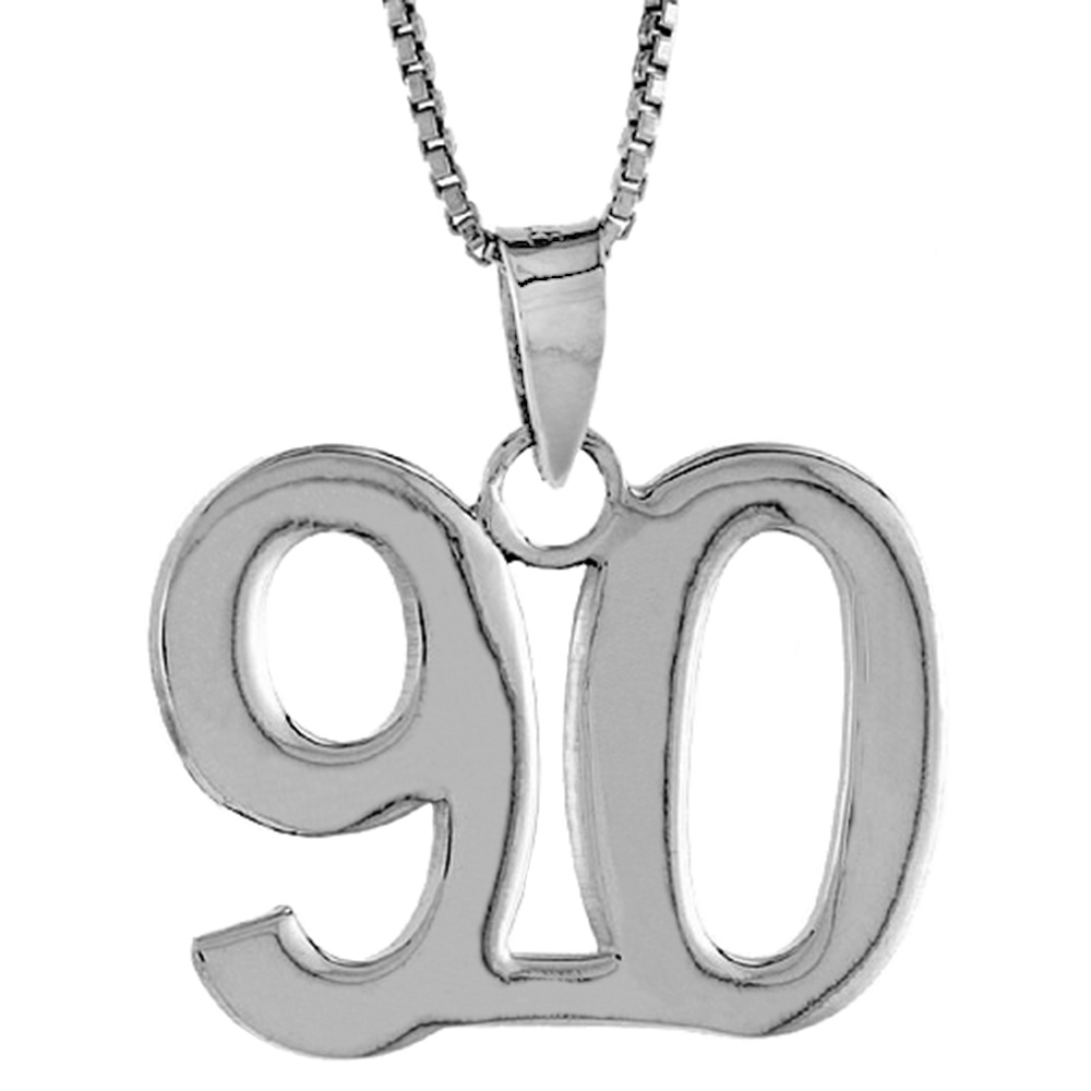 Sterling Silver Number 90 Necklace for Jersey Numbers & Recovery High Polish 3/4 inch, 2mm Curb Chain