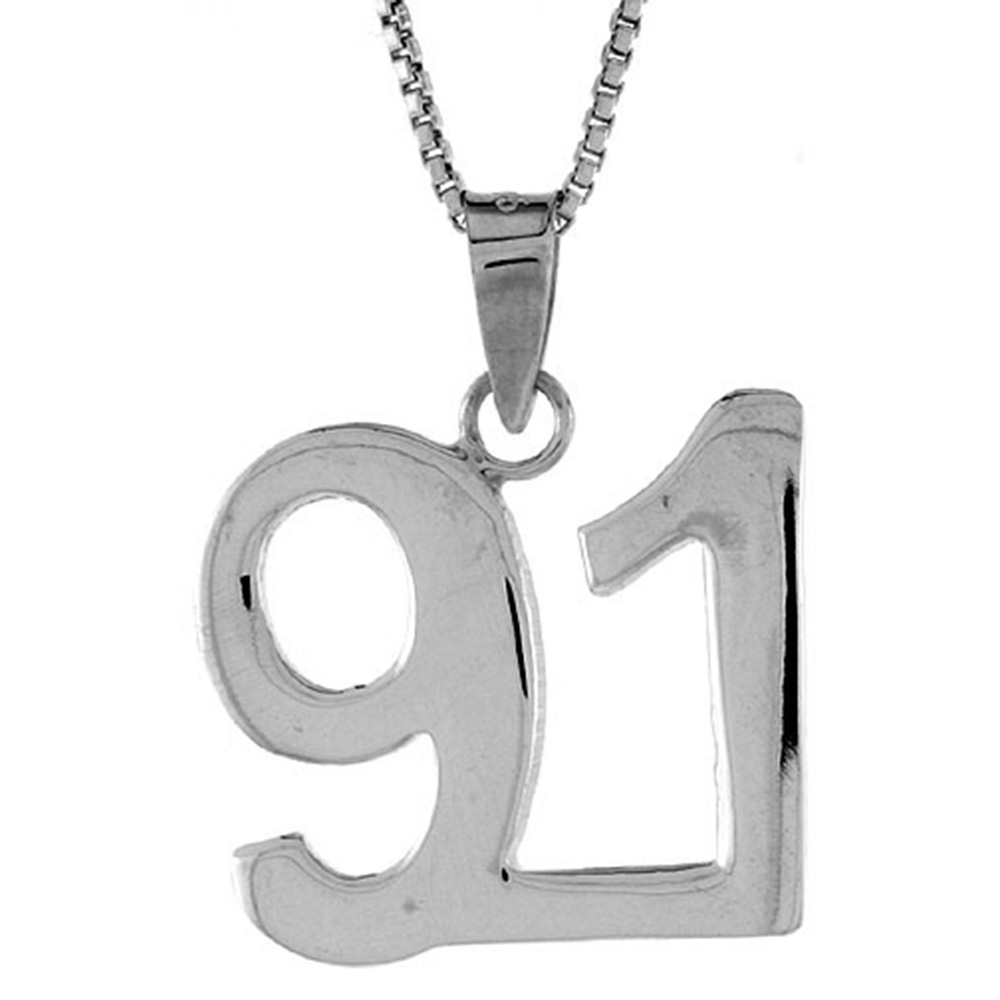 Sterling Silver Number 91 Necklace for Jersey Numbers &amp; Recovery High Polish 3/4 inch, 2mm Curb Chain