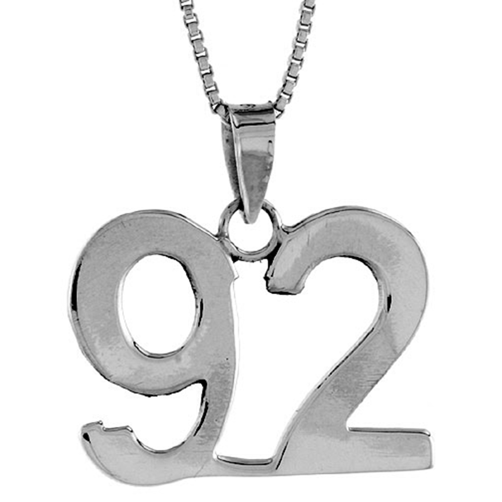 Sterling Silver Number 92 Necklace for Jersey Numbers & Recovery High Polish 3/4 inch, 2mm Curb Chain