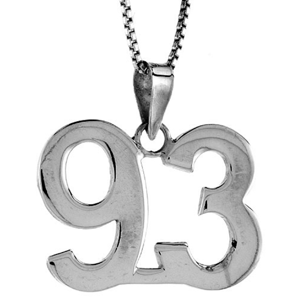 Sterling Silver Number 93 Necklace for Jersey Numbers & Recovery High Polish 3/4 inch, 2mm Curb Chain