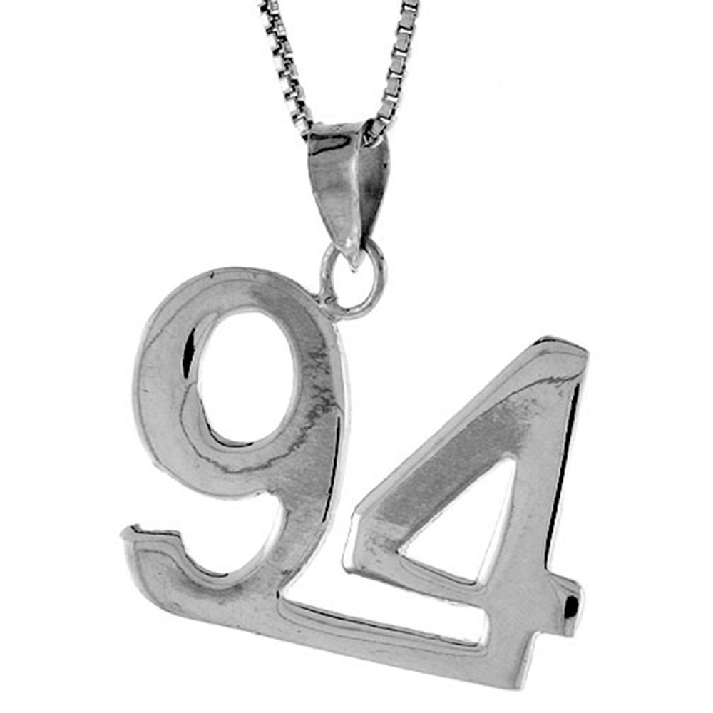 Sterling Silver Number 94 Necklace for Jersey Numbers & Recovery High Polish 3/4 inch, 2mm Curb Chain