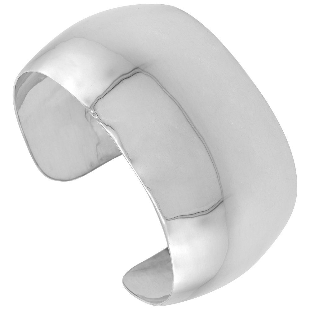 Sterling Silver Wide Cuff Bracelet Plain Domed 1 1/4 inch wide Polished Handmade for women