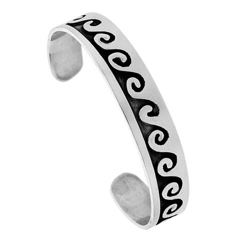 Sterling Silver Cuff Bracelet High Polished Wave Pattern , 1/2 inch wide.