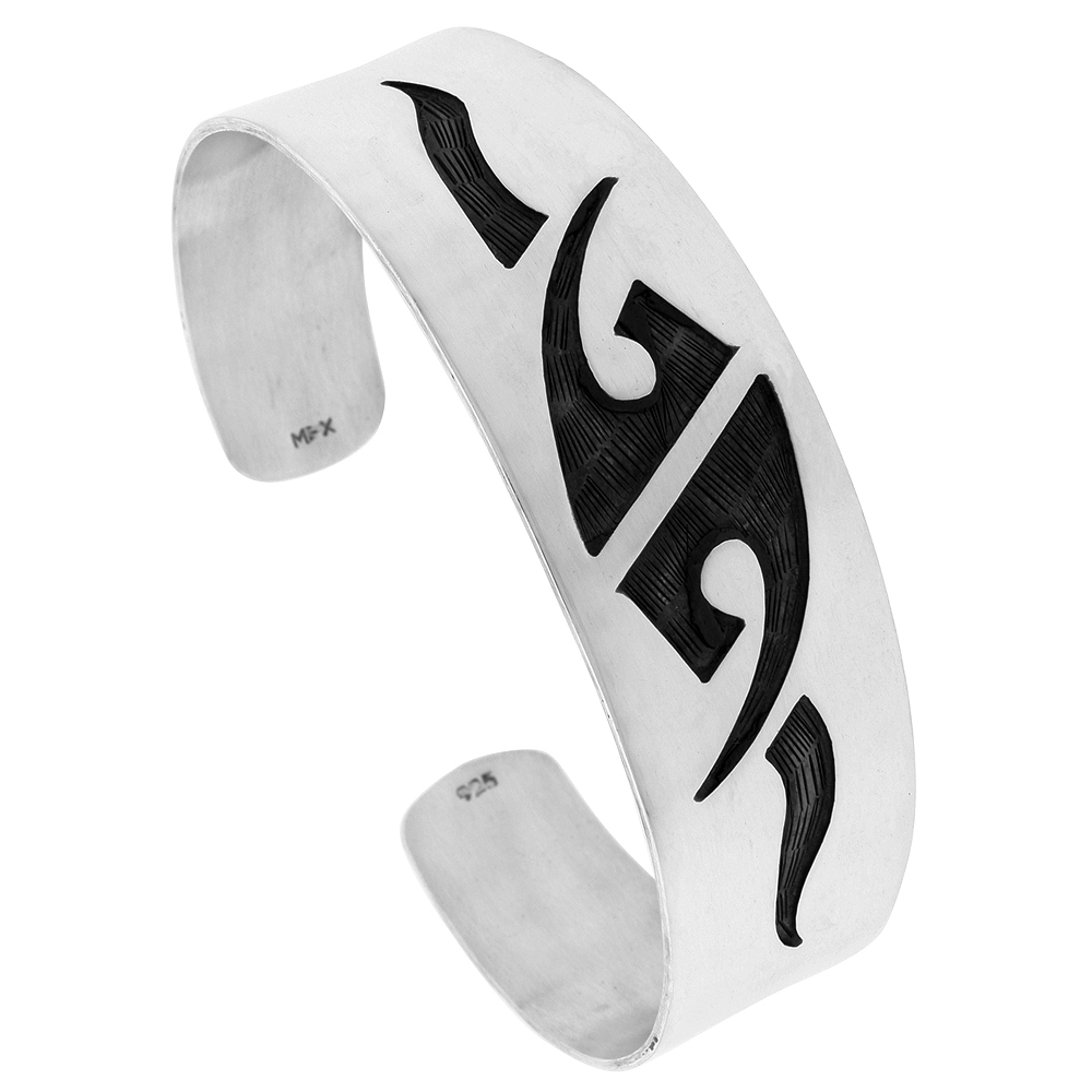 Sterling Silver Tribal Pattern Cuff Bracelet for Women Southwestern Hopi Design Overlay Technique Handmade (19mm) 3/4 inch wide