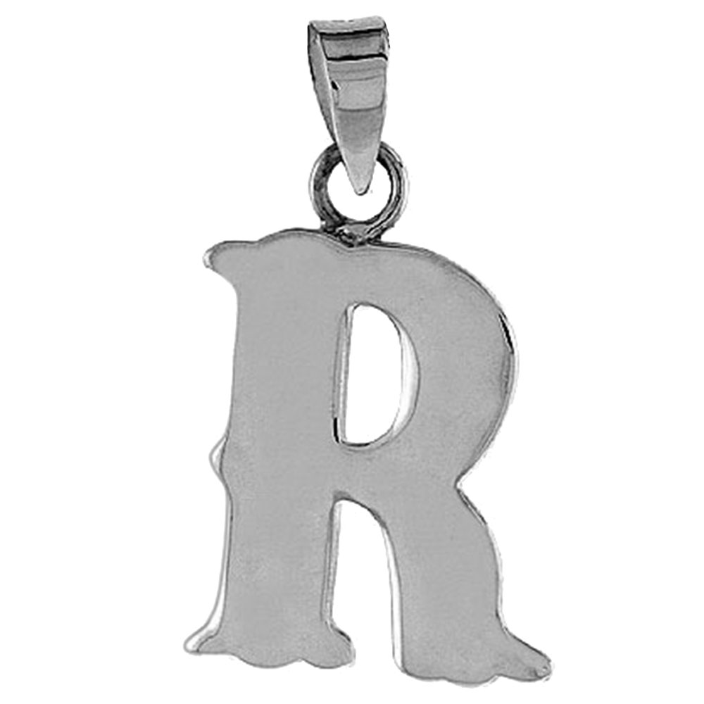 3/4 inch Sterling Silver Block Initial R Necklace Alphabet Letters High Polished, 16-30 inch 2mm Curb Chain