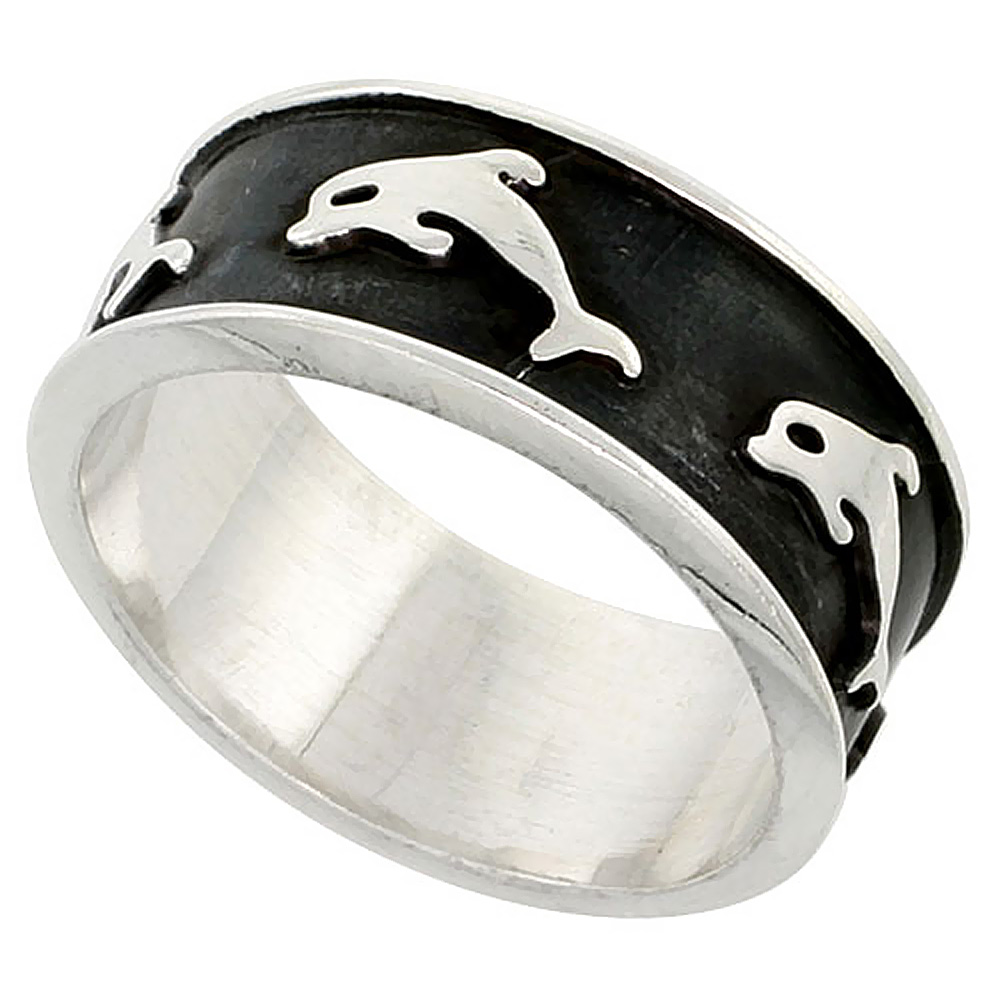 Sterling Silver Southwestern Dolphin Ring for Men Handmade 3/8 inch wide sizes 8-13