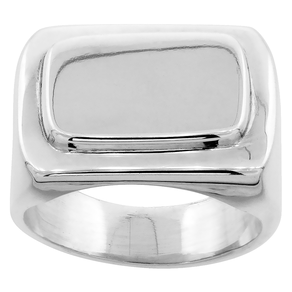 Sterling Silver Signet Ring for Men Large Rectangular Solid Back Handmade 7/16 inch, sizes 7 - 13 