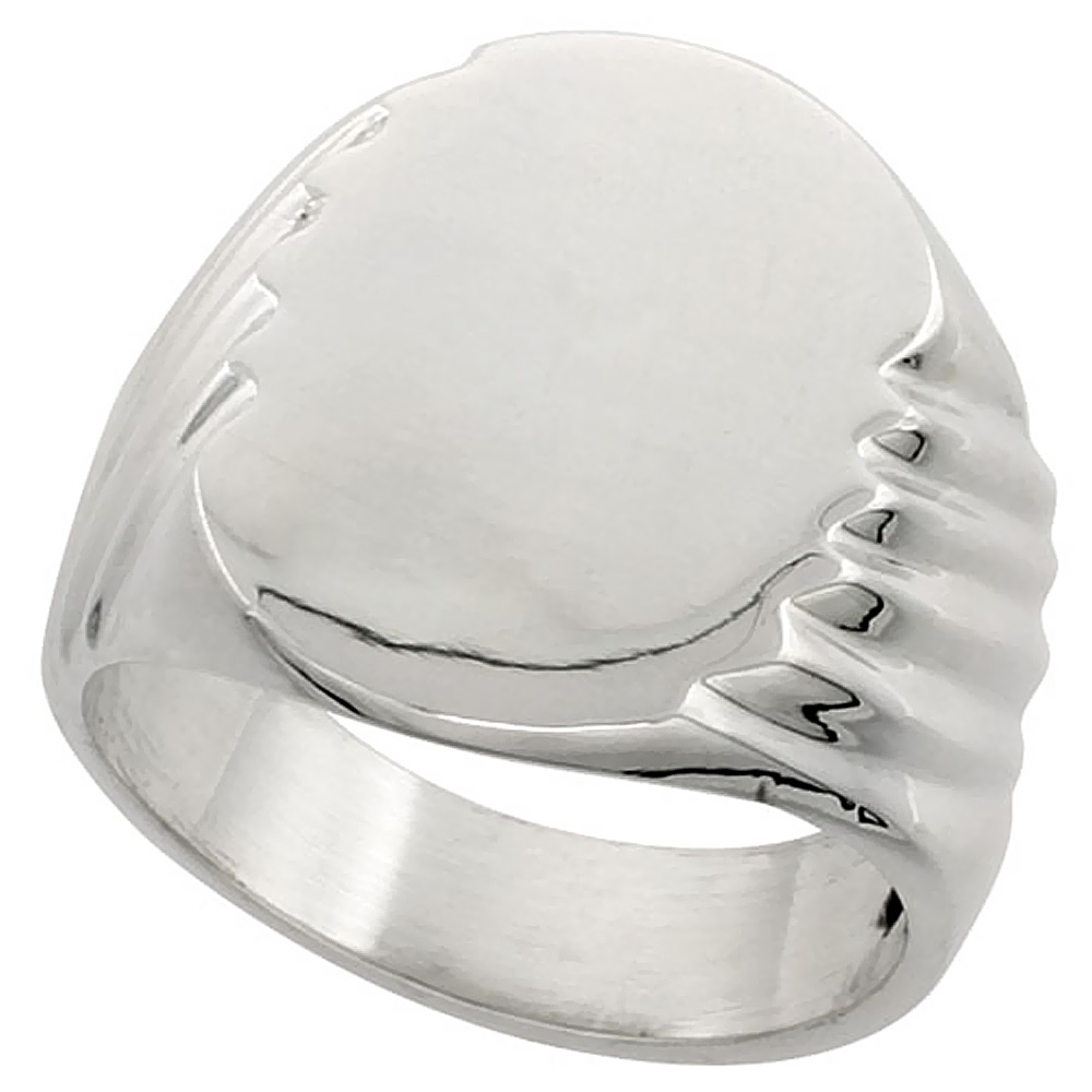 Sterling Silver Signet Ring for Men Large Oval Grooved sides Solid Back Handmade 9/16 inch, sizes 9 - 13 