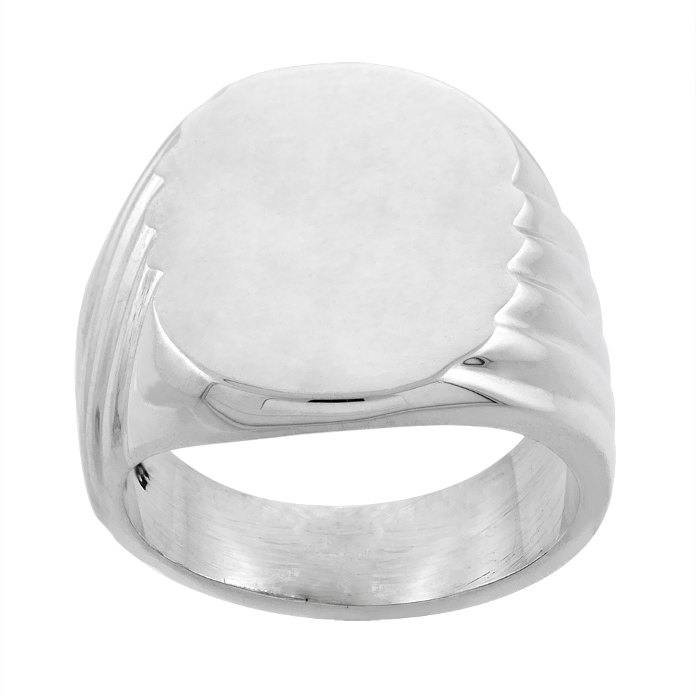 Sterling Silver Signet Ring for Men Large Oval Grooved sides Solid Back Handmade 5/8 inch, sizes 9 - 13 