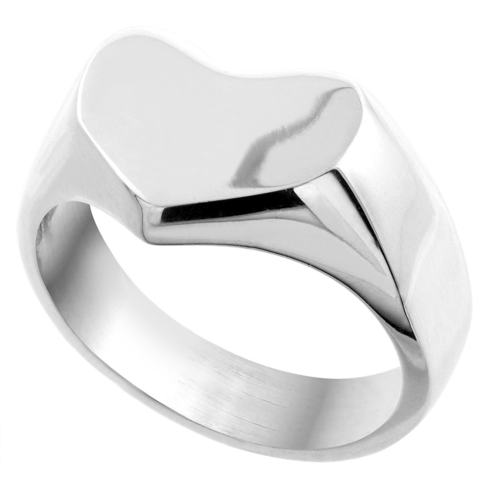 Sterling Silver Signet Ring for Women Heart Shape Solid Back Handmade 5/8 inch, sizes 7 - 10