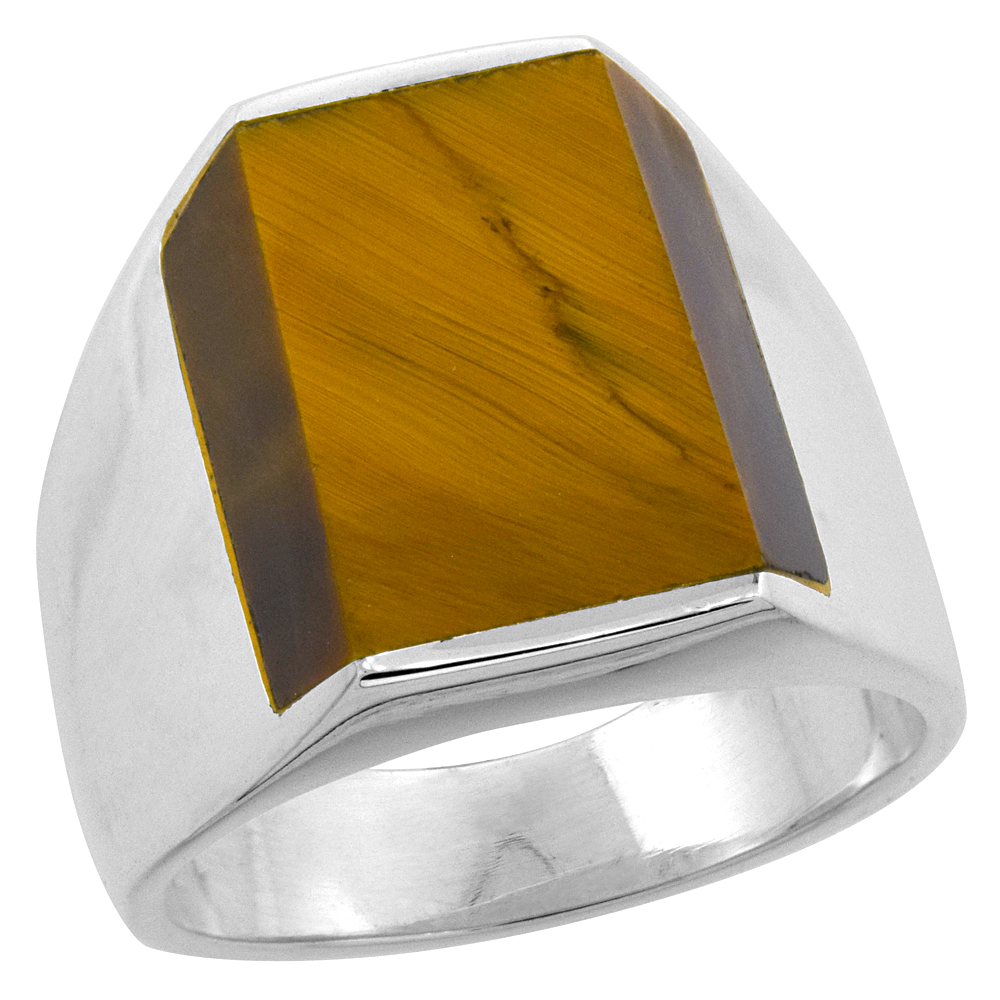 Sterling Silver Tiger Eye Ring for Men Rectangular Flat Solid Back Handmade, sizes 9-13