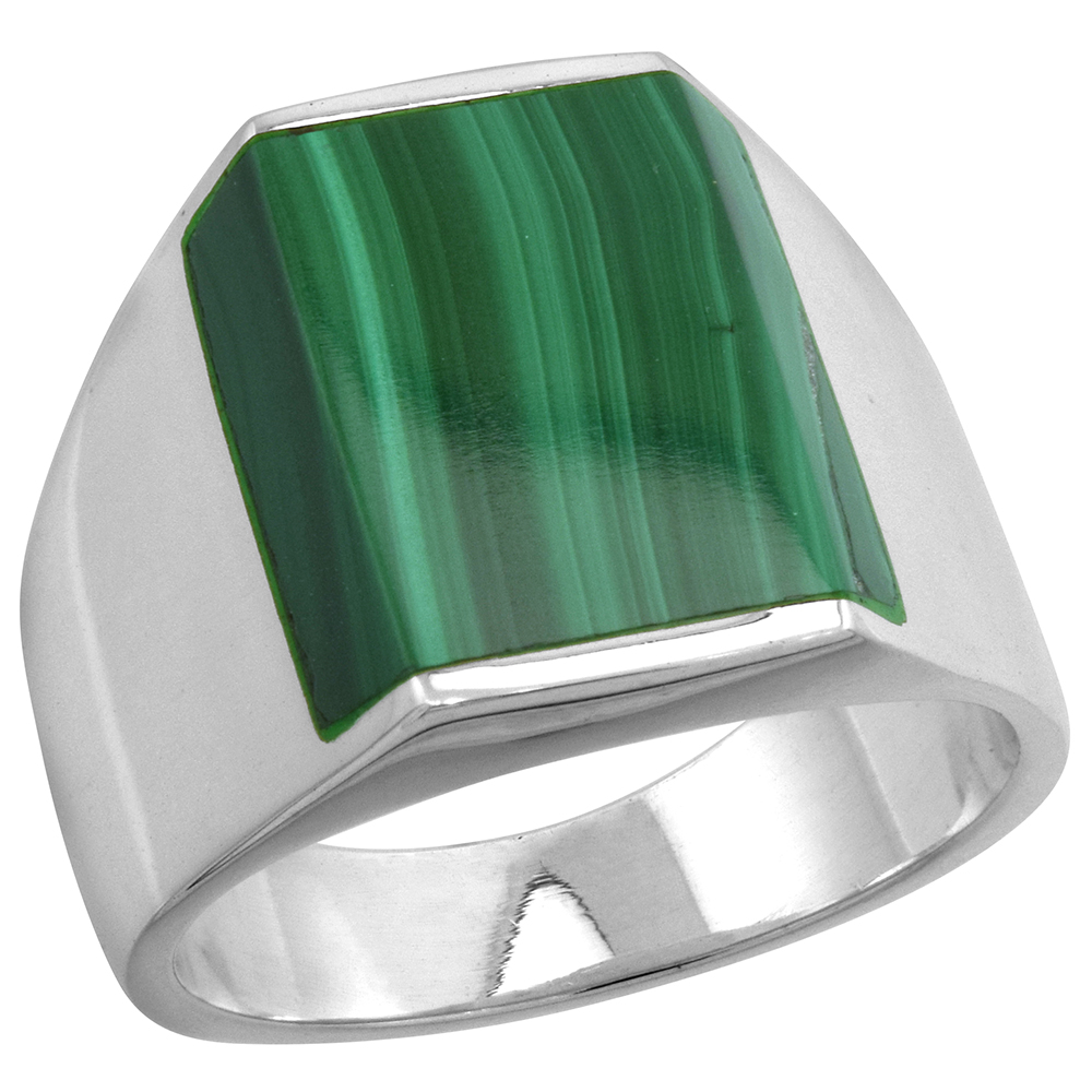 Sterling Silver Malachite Ring for Men Rectangular Flat Solid Back Handmade, sizes 9 - 13