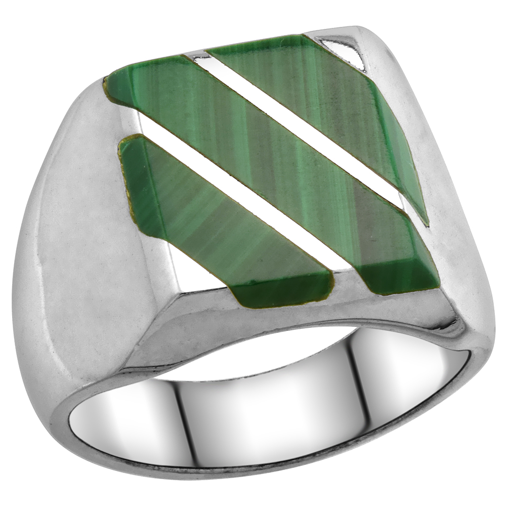 Sterling Silver Malachite Ring for Men Square Triple Diagonal Solid Back Handmade, sizes 9 - 13