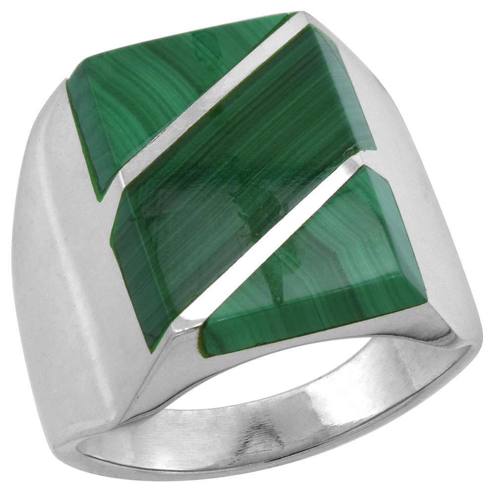 Sterling Silver Malachite Ring for Men Square Diagonal Stripes Solid Back Handmade, sizes 9 - 13