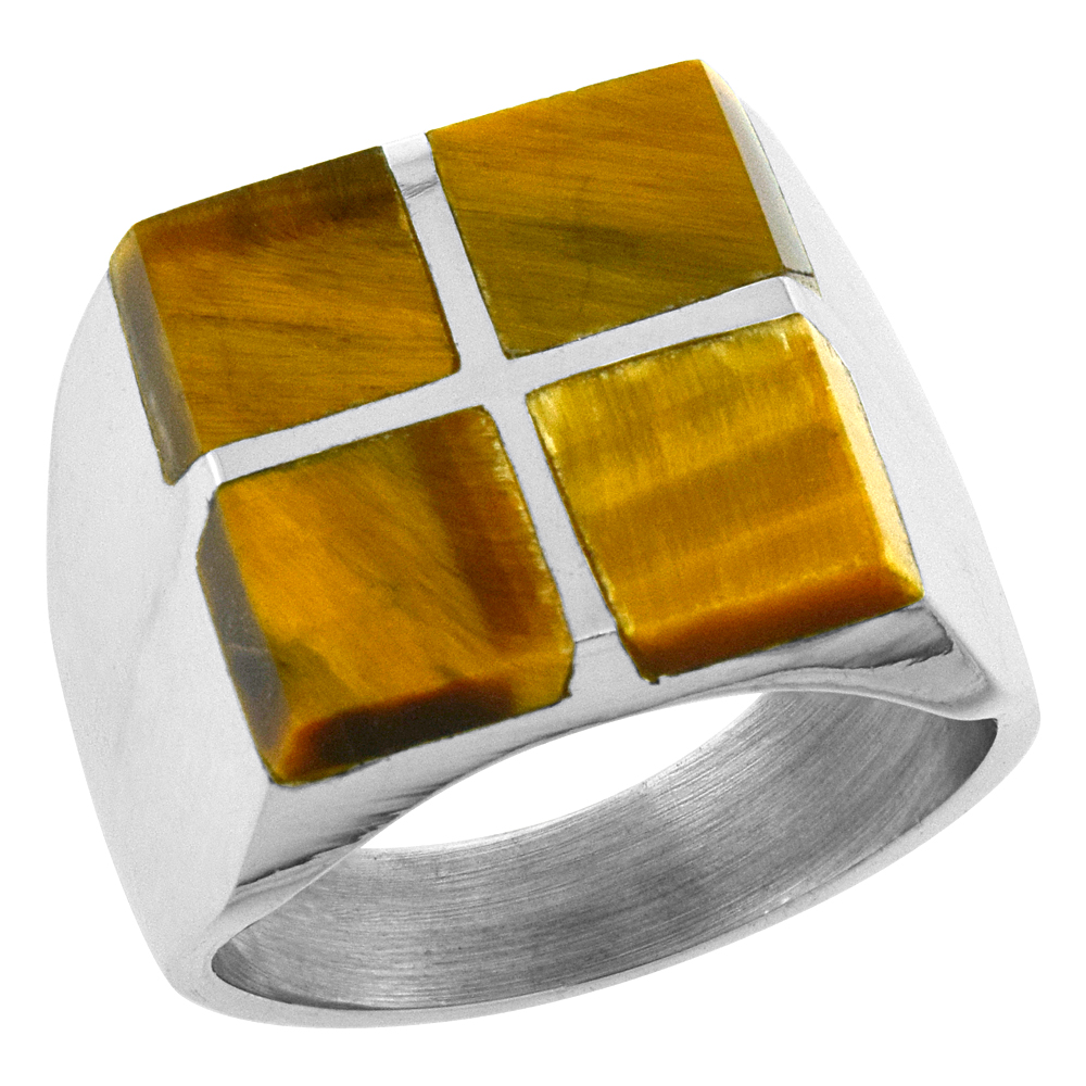 Sterling Silver Tiger Eye Ring for Men Square Cross Solid Back Handmade, sizes 9-13