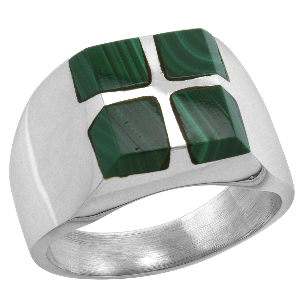 Sterling Silver Malachite Ring for Men Square Cross Solid Back Handmade, sizes 9 - 13