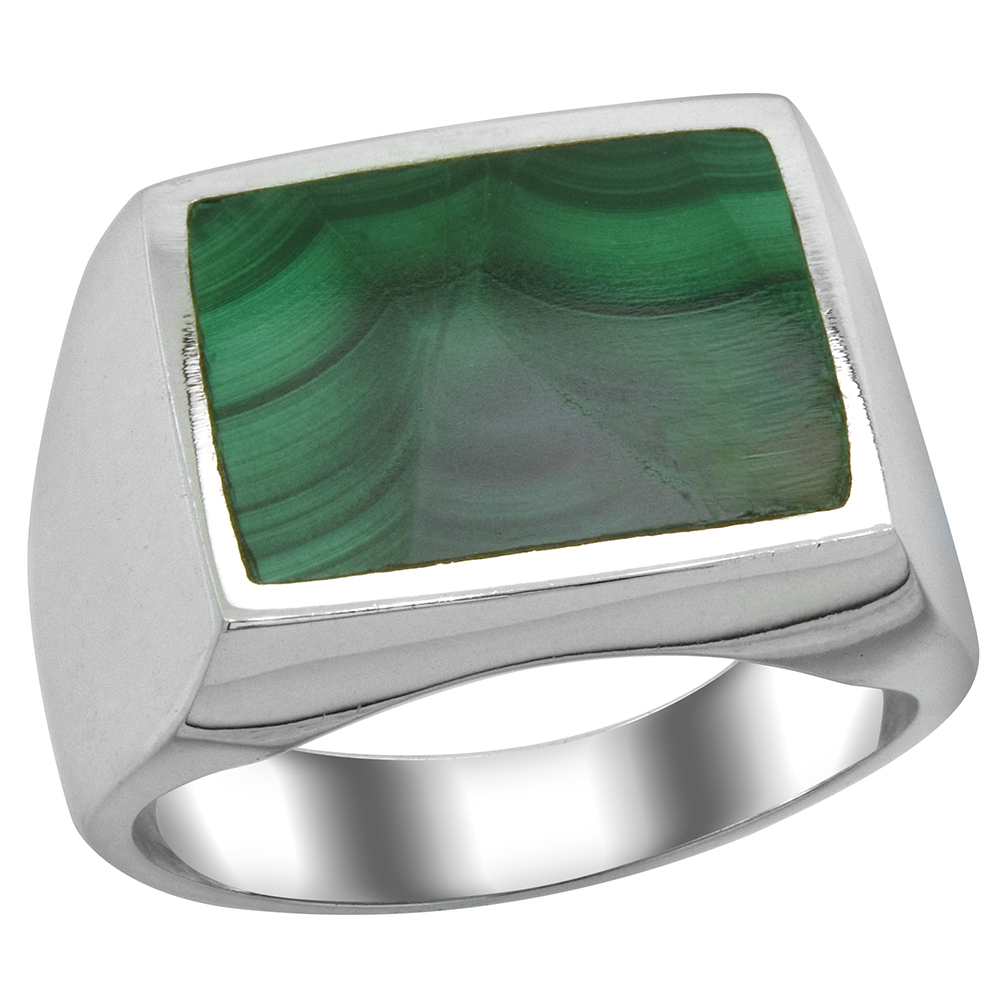 Sterling Silver Malachite Ring for Men Large Square Flat Solid Back Handmade, sizes 9 - 13