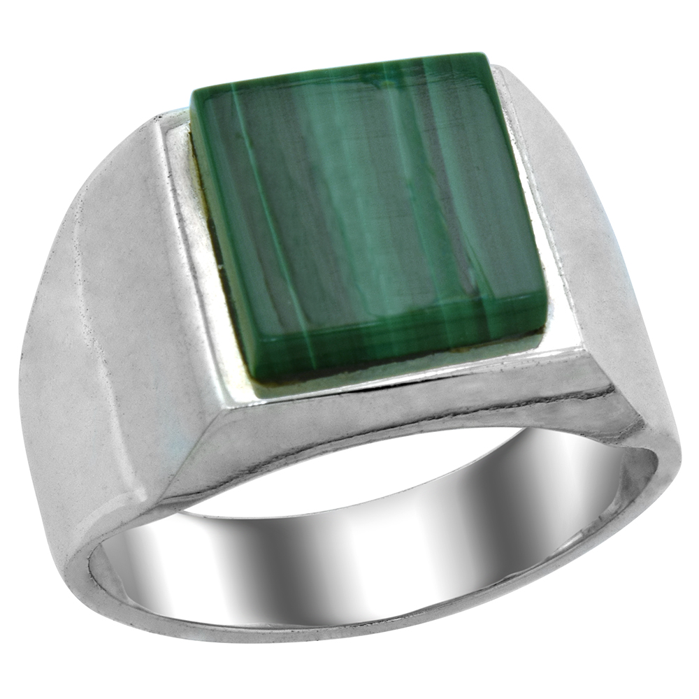 Sterling Silver Malachite Ring for Men Square Flat Solid Back Handmade, sizes 9 - 13