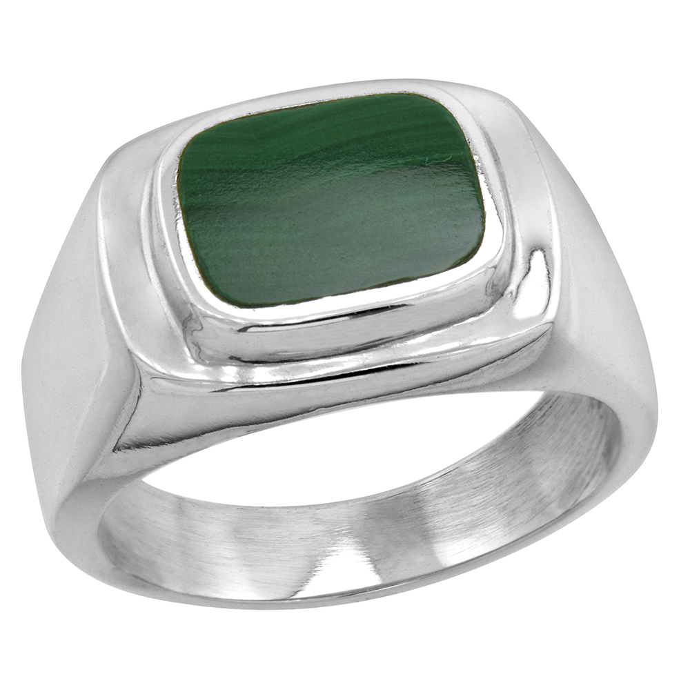 Sterling Silver Malachite Ring for Men Rounded Rectangular Raised Solid Back Handmade, sizes 9 - 13