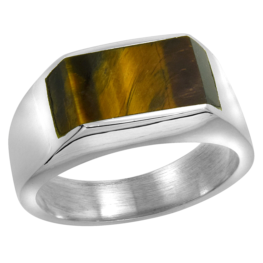 Sterling Silver Tiger Eye Ring for Men Slim Rectangular Flat Solid Back Handmade, sizes 9-13