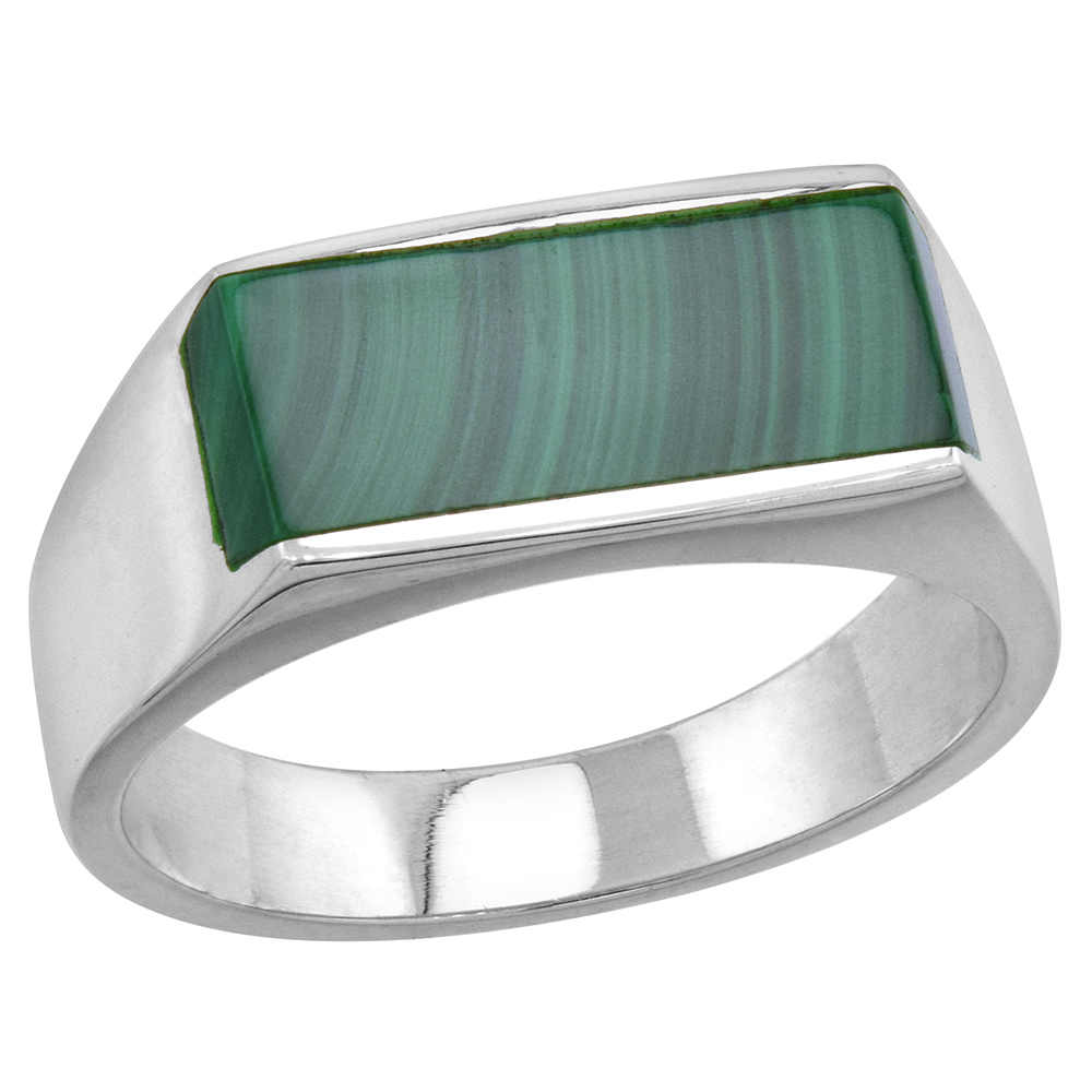 Sterling Silver Malachite Ring for Men Slim Rectangular Flat Solid Back Handmade, sizes 9 - 13