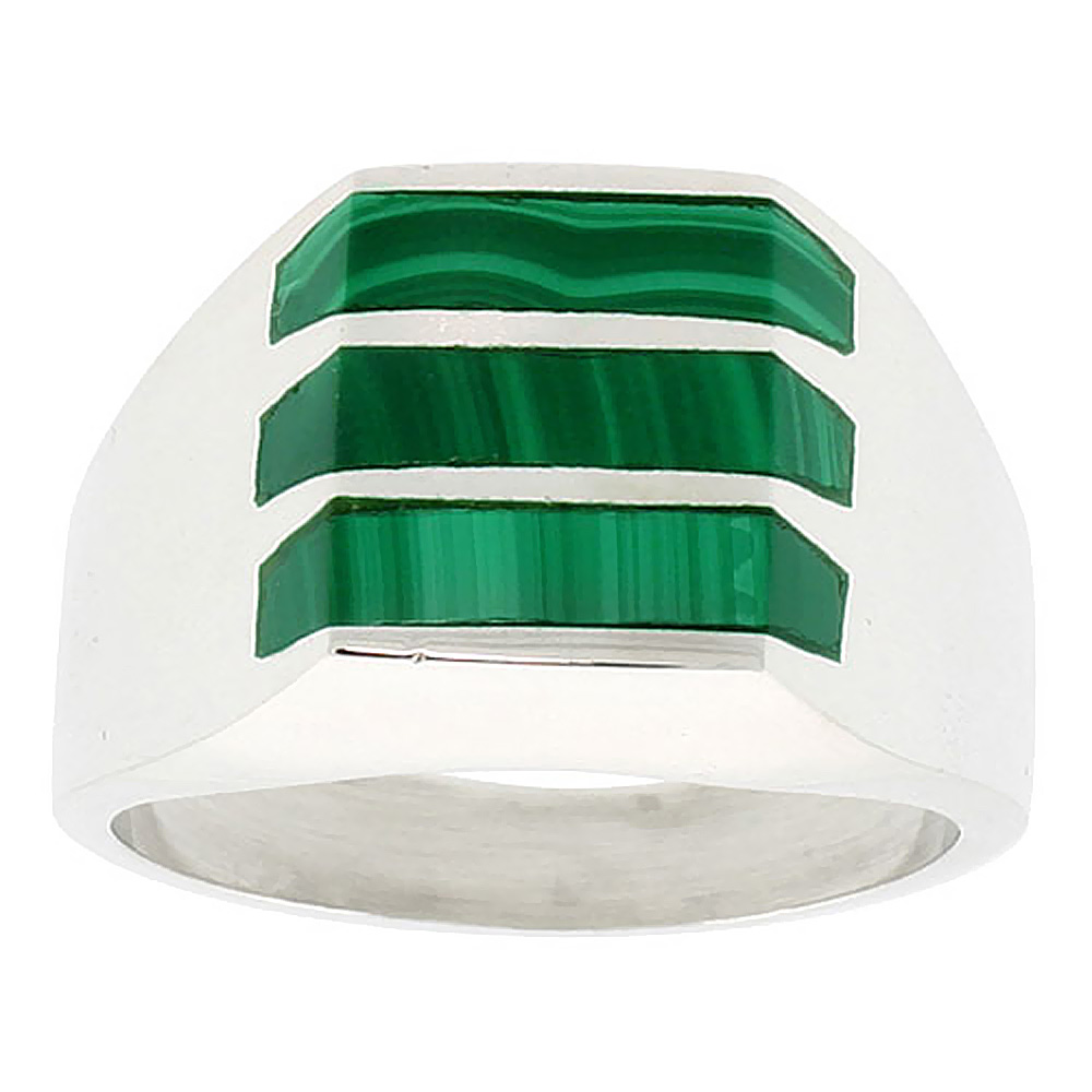 Sterling Silver Malachite Ring for Men Square Triple Stripe Solid Back Handmade, sizes 9 - 13