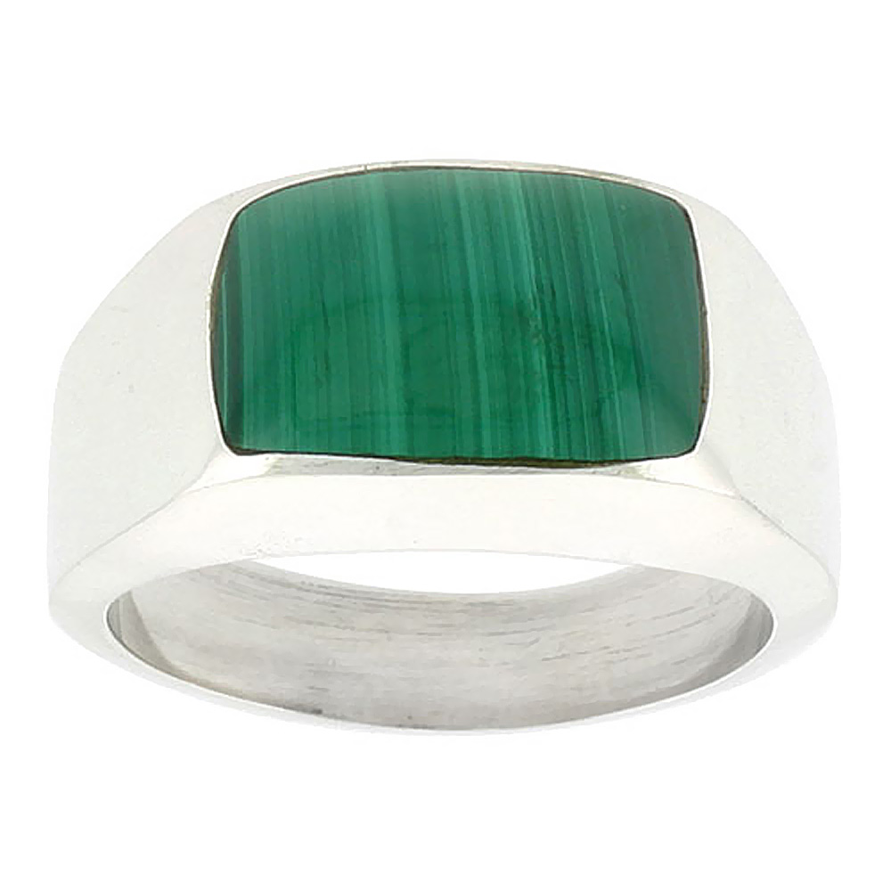 Sterling Silver Malachite Ring for Men Rectangular Domed Solid Back Handmade, sizes 9 - 13