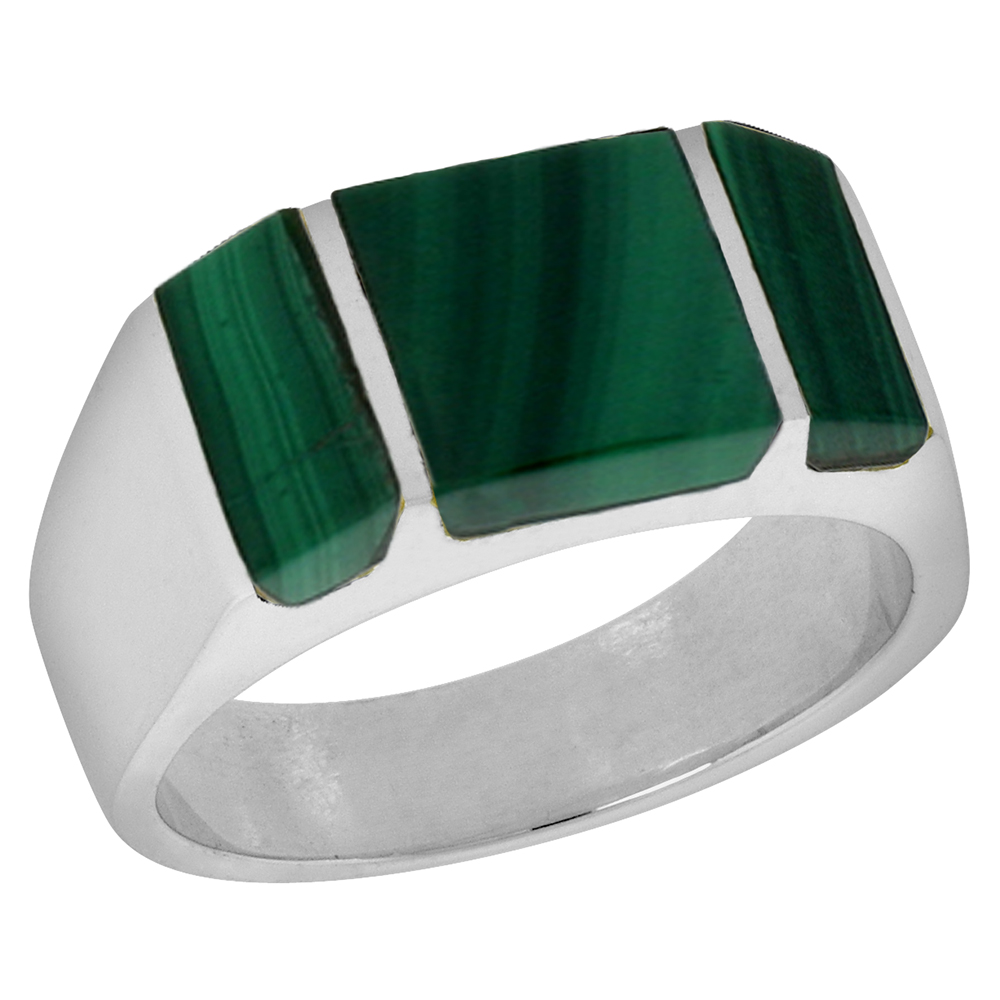 Sterling Silver Malachite Ring for Men Rectangular Striped Solid Back Handmade, sizes 9 - 13