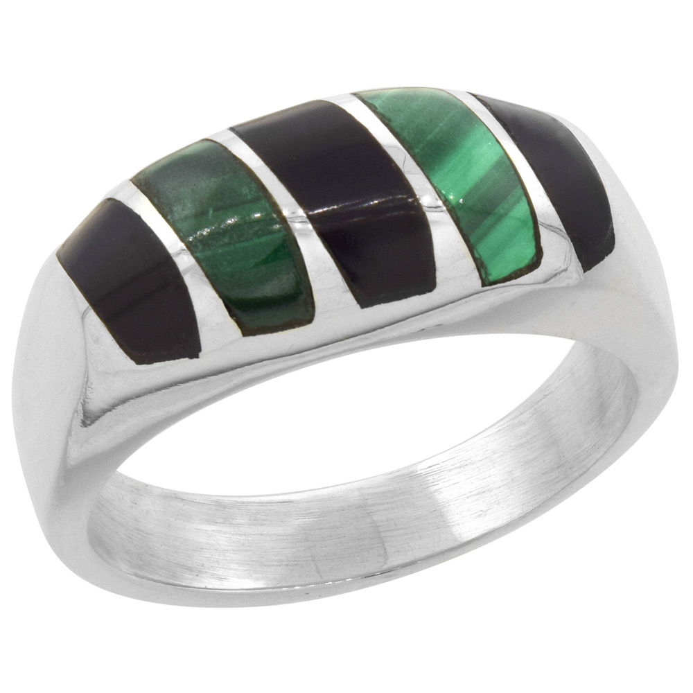 Sterling Silver Black Obsidian & Malachite Ring for Men Oval Vertical Stripes Solid Back Handmade, sizes 9 - 13