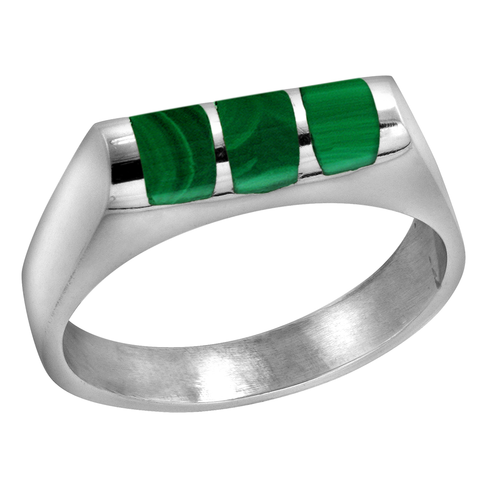 Sterling Silver Malachite ring for boys Half Tube 3 Stripes Solid Back Handmade, sizes 7 - 10