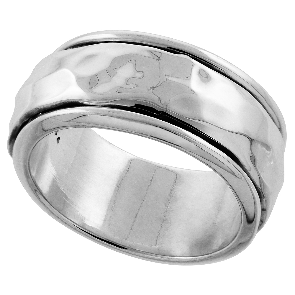 10mm Sterling Silver Mens Spinner Ring Hammered Domed Center Handmade 3/8 inch wide