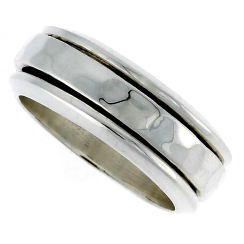 8mm Sterling Silver Mens Spinner Ring Hammered Flat Center Handmade 5/16 wide