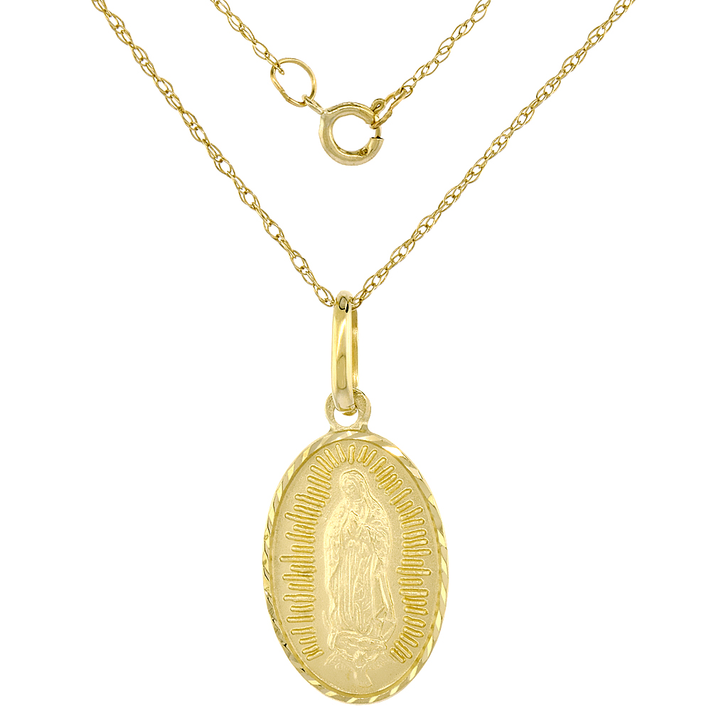 Tiny 14k Yellow Gold Guadalupe Medal Necklace Oval Diamond Cut 5/8 inch 18 inch chain Italy