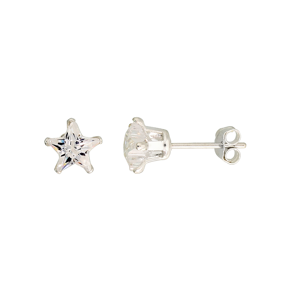 Sterling Silver Cubic Zirconia Star Earrings Studs 6 mm